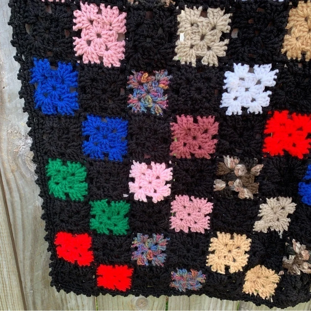 Vintage Crochet Afghan Blanket Quilt Granny Square Cabin Vibes